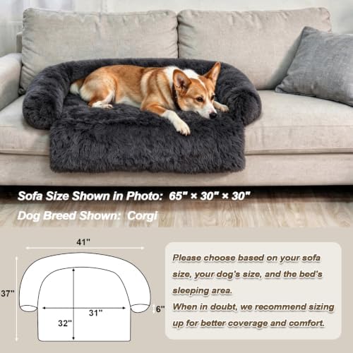 Calming Dog Bed Fluffy Plush Dog Mat for Furniture Protector with Removable Washable Cover for Large Medium Small Dogs and Cats (Medium(41x37x6), Dark Grey)