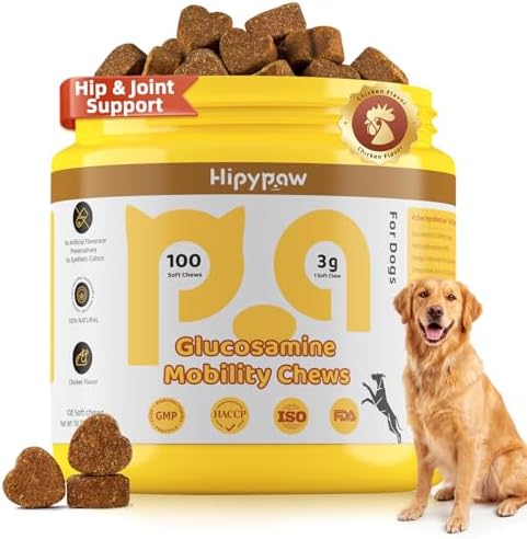 Glucosamine for Dogs, Hip & Joint Support Soft Chews with Chondroitin MSM, Green Lipped Mussel, Omega-3 & Turmeric, Joint Pain Relief,Mobility Support - Senior & Active Dogs, Chicken Flavor,100 Count