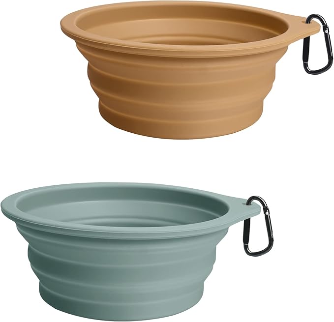 PetBonus Collapsible Dog Bowls, 2 Pack, Turquoise, Tan