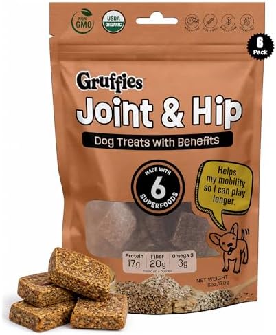 Gruffies Joint & Hip Dog Treats, Peanut Butter Soft Treats with Turmeric, Ginger & Flaxseed, USDA Organic, Non-GMO, Soy-Free, Wheat-Free, Corn-Free, Made in Canada, 6 oz (Pack of 6)