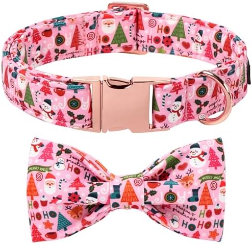 Lionet Paws Christmas Dog Collar with Bow tie,Cute Ho Christmas Tree Snowman Pink Dog Collar Bow Tie for Large Dogs Female, Neck 16-24 inches