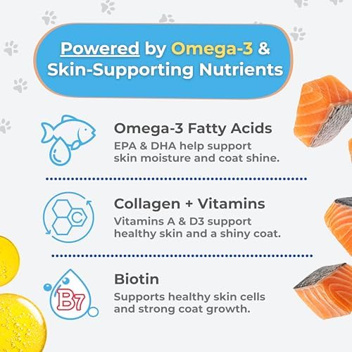 Skin & Coat Chews for Dogs, Omega-3 Fish Oil with EPA & DHA, Biotin, Vitamins A & D3, Supports Dry Skin, Shedding & Shiny Coats, Beef Liver Flavor, 60 Soft Chews
