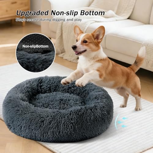 NOYAL Calming Donut Dog Bed for Small to Medium Dogs & Cats - Plush Faux Fur Anti-Anxiety Pet Bed with Machine Washable Cover & Non-Slip Base