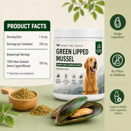 Green Lipped Mussel Powder for Dogs and Cats – 100% New Zealand Mussels, Joint & Mobility Support Supplement for Dogs and Cats, Easy-to-Mix Daily Wellness Powder, 2.64 oz, Up to 250 Servings
