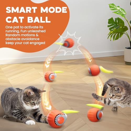 2 Pack Interactive Cat Toy for Indoor Cats, Two Speed Smart Automatic Cat Toy Moving Ball with Tail, Rechargeable Motion Activated Cat Toys for Bored Indoor Adult Cats(Orange & Blue)