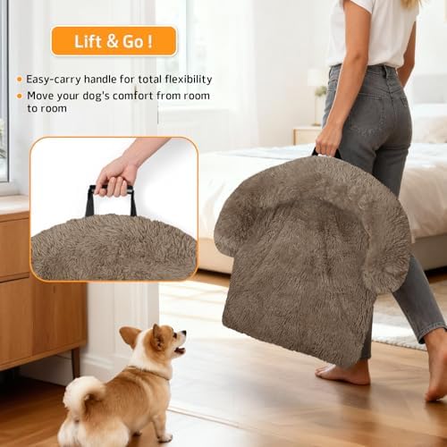 Calming Dog Bed Fluffy Plush Dog Mat for Furniture Protector with Removable Washable Cover for Large Medium Small Dogs and Cats (XS(31“x23.5”x5), Camel)