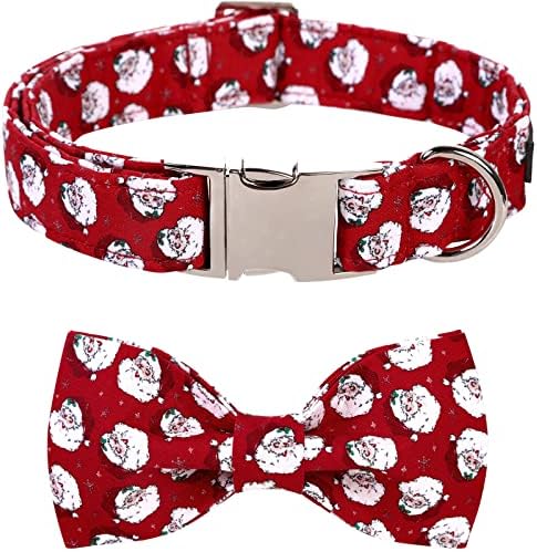 Lionet Paws Christmas Dog Collar with Bowtie, Dog Bowtie Collar with Metal Buckle for Dogs and Cats, Adjustable Comfortable Dog Collar Girl Boy Gift Santa Claus, S, Neck 10-16 in