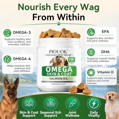 Omega 3 Fish Oil for Dogs, Salmon Oil Joint Health Skin & Coat Supplement with EPA DHA Vitamins for Itching, Shedding Hot Spots & Allergy Support Pet Wellness, 150Ct Dog Allergy Chews