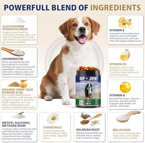 Hip and Joint Supplement for Dogs 200 Hemp Dog Calming Chews with Glucosamine, Chondroitin, Msm, Omega 3, Melatonin for Senior Dogs Anxiety, Dog Pain Relief Anti Inflammatory Small/Medium/Large Breed