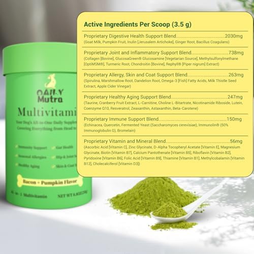 Dog Multivitamin Powder, 45-in-1 for Joint, Gut & Immune Support, 8.8 oz | Probiotics, Omega 3, chondroitin & digestive enzymes; bacon pumpkin flavor, easy to mix with food, skin & coat support