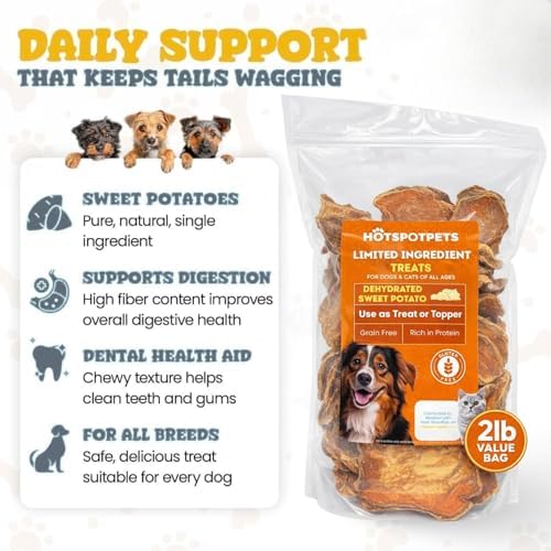 hotspot pets Sweet Potato Dog Treats 2lb Bag - All Natural, Single-Ingredient, Hypoallergenic Grain-Free Dog Chew for Sensitive Stomach, Rawhide Alternative