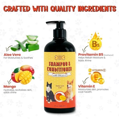 POM Pets 2-in-1 Organic Dog Shampoo & Conditioner – Itchy Skin Relief, Dog Deshedding, Detangles Fur, Cat Shampoo, Paw Cleaner for Dogs, Natural Coat Defense Formula