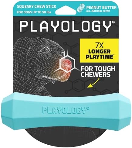 Playology Squeaky Chew Stick Scented Dog Toy - Medium, Peanut Butter Scent | Rubber Construction, All Natural Scent, Durable Design