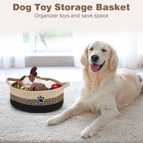Optish Dog Toy Basket, Toy Box and Bin for Dog Cat Storage, 13.5" X 11" X 5" Small Woven Rope Basket for Baby Storage, Closet, Living Room, Brown & Black