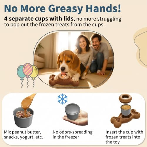 Enrichment Frozen Dog Treat Dispensing Interactive Chew Toy, Brown | with 4 Mold Cups, for Aggressive Chewers Large Dogs to Keep Them Busy, Coffee Wood Puzzle Licking Toy, Indoor & Outdoor