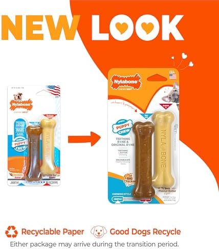 Nylabone Puppy Chew Teething Bone & Original Bone Dog Chew Toys, 2 Count | X-small chew bones for puppies up to 15 lbs, chicken & peanut butter flavor, soothing teething toys for puppies