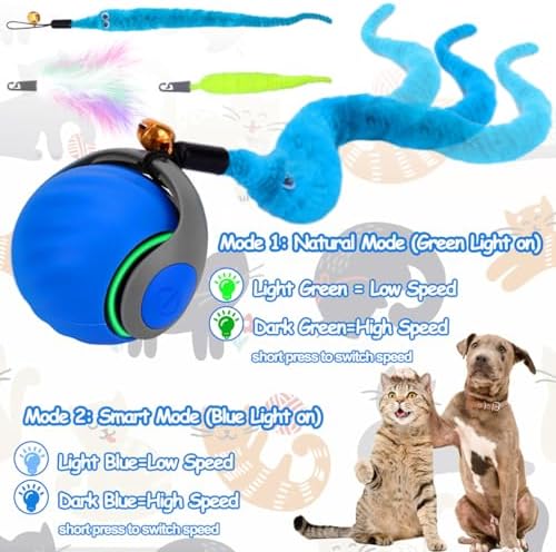 Mity rain Interactive Cat Toy Ball, Rechargeable Cat Toys for Indoor Cats | with Feather Tails for Kittens Chasing, Motion Activated Ball for Enrichment, Automatic Rolling Toys to Keep Them Busy Blue