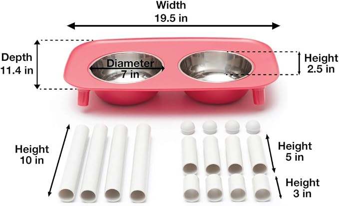 Messy Mutts Elevated Double Dog Feeder, Adjustable Height, Watermelon | Adjustable-Height Elevated Double Dog Feeder With Two 5 Cup Stainless Bowls, Legs Set To 3, 5, Or 10 Inches