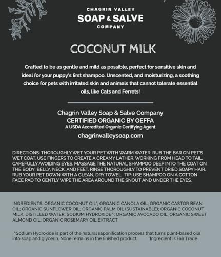 Chagrin Valley Soap & Salve Certified Organic Dog Shampoo and Conditioner – Dog Shampoo Itchy Skin Relief and Puppy Essentials - Natural Handmade Coconut Milk, 3.8 oz Bar