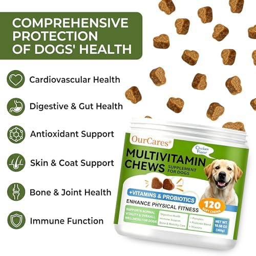 Dog Multivitamin Chewable - Vitamins and Supplements - Dog Daily Vitamin with Glucosamine Probiotics Omega-3 for Coat Hip Joint Heart Digestive Immune Health Support, Chicken Flavor, 12Ct