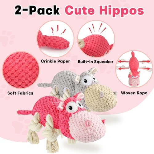 TOOPTATE 2-Pack Squeaky Hippo Dog Toys, Gray & Pink, Medium | Cute Plush Design, Rope Legs for Tugging, Helps Keep Dogs Busy, Suitable for Small, Medium, and Large Dogs