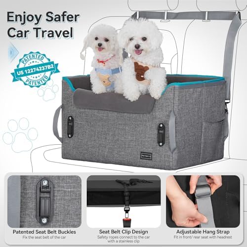 PETSFIT Dog Booster Car Seat, Small/Medium Dogs, 2 Clip-On Leashes, Storage Pockets, Under 45 lbs, Grey