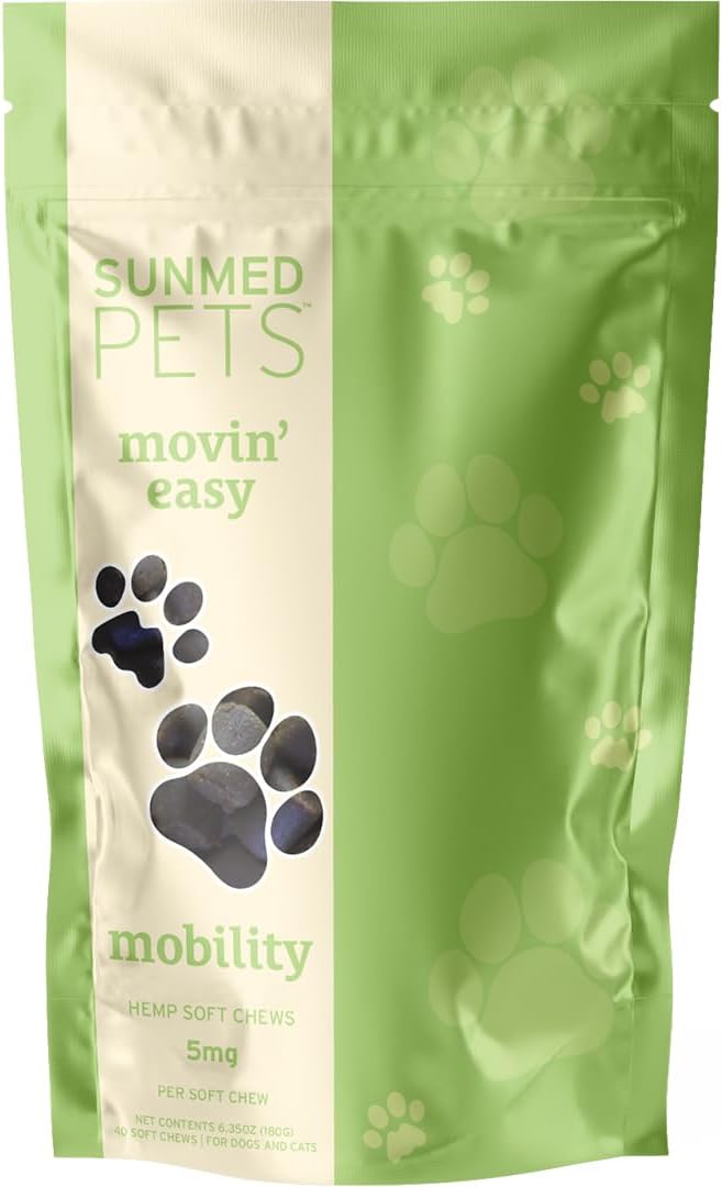 Sunmed Movin' Easy Hemp Pet Chews for Joint Health & Mobility – Omega-3, Green Lipped Mussels, 5mg Hemp Extract – Supports Flexibility & Comfort | Beef Liver & Sweet Potato, 40 Count