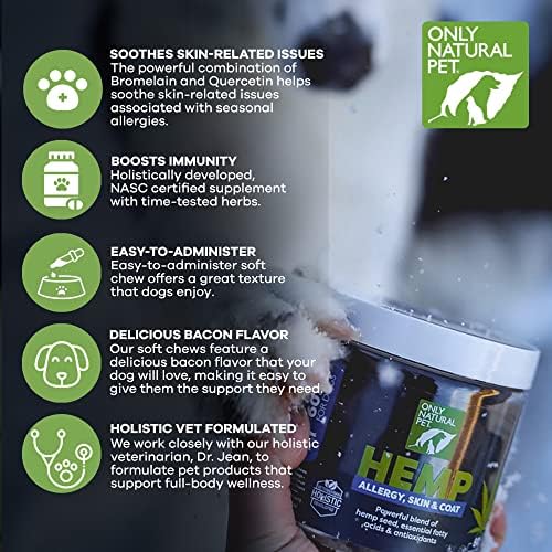 Only Natural Pet Allergy, Skin & Coat Hemp Soft Chews - Allergy Immune Bites for Dogs, Omega 3 Supplement, Calming Treats for Itchy Skin Relief, Hot Spot - (120 Count) (Al.)