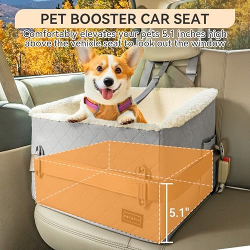 PETSFIT Small Dog Car Seat, Soft Foam, Storage Pockets, Detachable Leash, 30 lbs, Grey