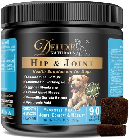 Hip and Joint Soft Chews for Dogs – 90 Count – Glucosamine, MSM, Chondroitin, Omega-3, Green-Lipped Mussel – Promotes Mobility, Comfort, and Joint Health – Chicken & Bacon Flavor