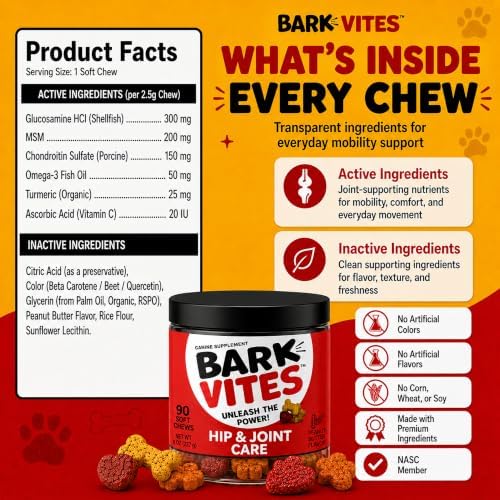 Glucosamine Chondroitin Hip & Joint Chews for Dogs, MSM, 90 Count