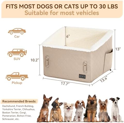 PETSFIT Small Dog Booster Car Seat, Soft Foam, Storage Pockets, Detachable Leash, Under 30 lbs, Khaki