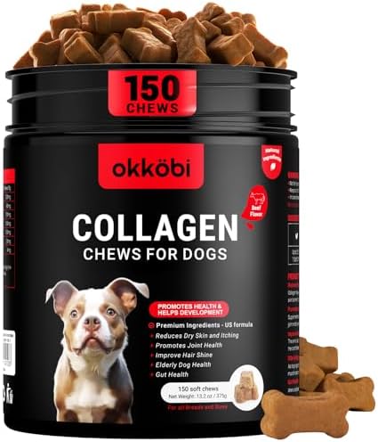Collagen for Dogs - 150 Chews - Joint, Skin & Coat Supplement with Hyaluronic Acid, Eggshell Membrane & Vitamin C - Daily Hip & Joint Support for Senior Dogs & Puppies - Beef
