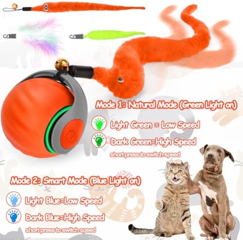 Mity rain Interactive Cat Toy Ball, Rechargeable Cat Toys for Indoor Cats | with Feather Tails for Kittens Chasing, Motion Activated Ball for Enrichment, Automatic Rolling Toys to Keep Them Busy Orange