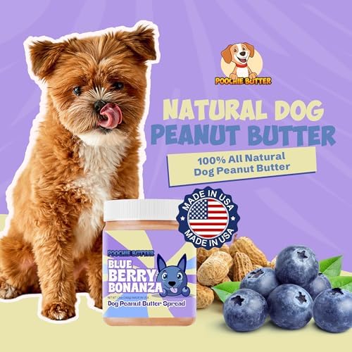 Poochie Butter Blueberry Dog Peanut Butter - Made in USA, Creamy Spread for Lick Mats & Food Toppers - Dry Roasted Peanuts Non-GMO No Sugar Added Dog Treats | 12 oz (Pack of 2)