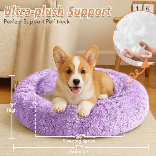 JOLLYVOGUE 31" Calming Donut Dog Bed, Purple