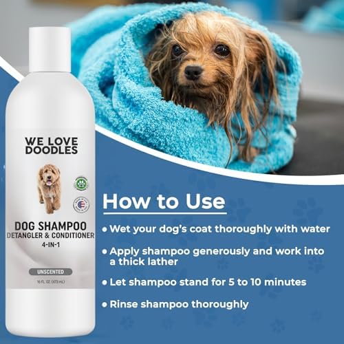Dog Shampoo Conditioner & Detangler, Hypoallergenic Tearless Unscented 16OZ | For Sensitive Itchy Skin, Hypoallergenic, Tearless, Best Shampoo For Smelly Dogs, Goldendoodle, Poodle & Doodle, Made in USA