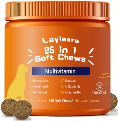 Dog Multivitamin Chewable, 150 Chews, 25-in-1 with Glucosamine, Probiotics, Omega 3, Hip and Joint, Skin and Coat, Immune Support, for Senior and Puppy