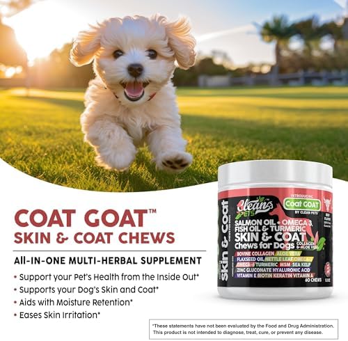 Clean Pets Salmon Oil Omega 3 Fish Oil for Dogs Skin and Coat Supplement | Dog Collagen Aloe Vera Biotin Keratin Flaxseed Nettle Leaf Sea Kelp Hyaluronic Acid Brewers Yeast Vitamin A - Coat Goat