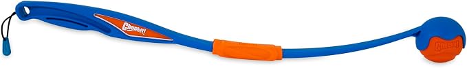 Chuckit! Fetch and Fold Mini 18M Launcher with Medium 2.5in Ball | Folding Locking-Slide Launcher with Bungee Tether for Easy Storage, Throws Farther for Dogs 20 to 60 lbs