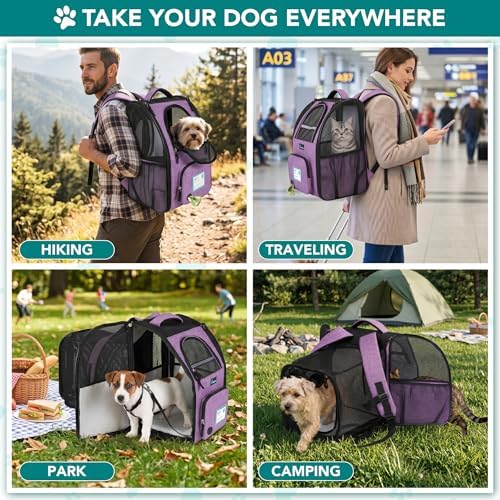 PetAmi Expandable Dog Backpack Carrier, Top Window & Multi-Entry, Up to 18 lbs, Purple