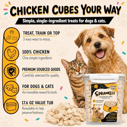 Freeze Dried Chicken Treats for Dogs & Cats – 17.6oz Tub, Single Ingredient Raw Chicken Cubes, Grain-Free High Protein Food Topper, Resealable Tub