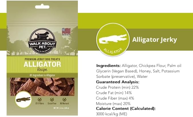 Walk About Pet, WA10016, Dog Jerky Treats, Grain-Free, Gluten-Free, Single Source Protein, Alligator Recipe, Resealable Pouch, 5.5 Ounces