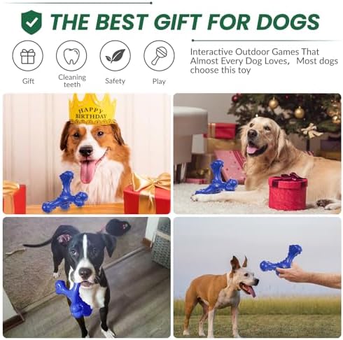 Dog Chew Toys for Aggressive Chewers Large Breed,Indestructible Bones Toy，Durable Cleaning Toothbrush Natural Rubber Dog Toys… (Deep Blue)