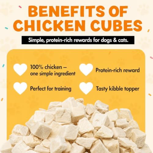 Freeze Dried Chicken Treats for Dogs & Cats – 17.6oz Tub, Single Ingredient Raw Chicken Cubes, Grain-Free High Protein Food Topper, Resealable Tub