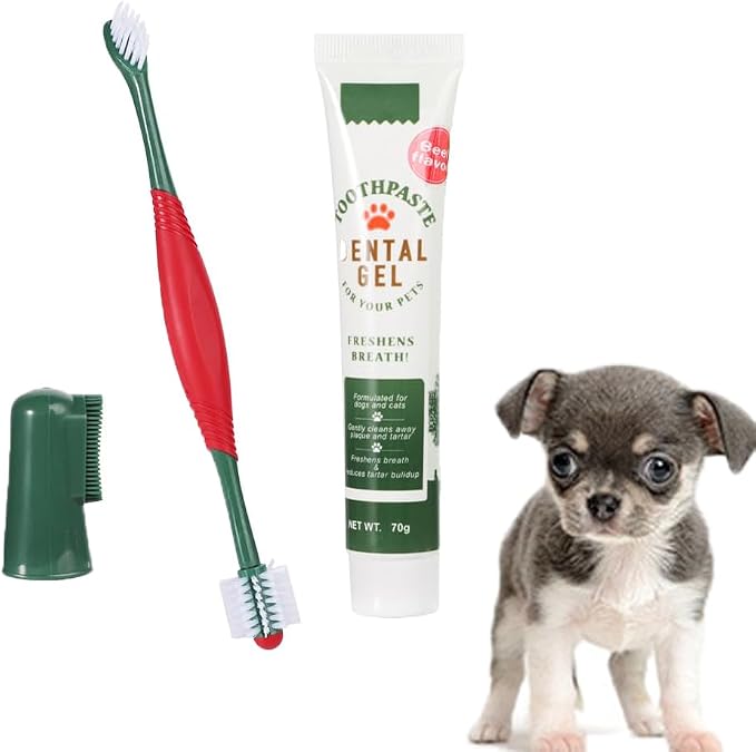 ITODA 3-Piece Dog Toothbrush Kit, 2 Pack Tooth Brushing Pet Cat Teeth Cleaning Oral Dental Care Fresh Breath Brush Set with Toothbrush Toothpaste Fingerbrush for Puppy Small Medium Dogs - Beef Flavor