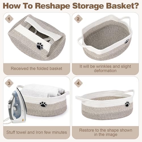 Optish Dog Toy Basket, Toy Box and Bin for Dog Cat Storage, 13.5" X 11" X 5" Small Woven Rope Basket for Baby Storage, Closet, Living Room, White & Brown