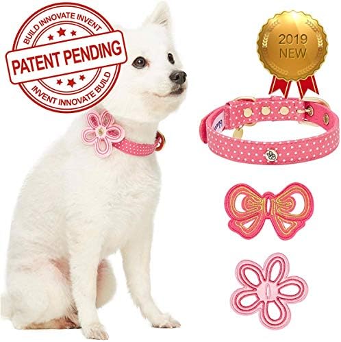 Blueberry Pet Adjustable Dog Collar with Metal Buckle and 2 Detachable Bowtie - Pink Polka Dot, Neck 13-16.5", for Medium Breed