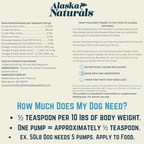 Alaska Naturals Wild Alaskan Fish Oil Supplement for Dogs Skin and Coat with EPA DHA Omega 3 Fatty Acids Sustainable Liquid Food Topper 15.5 oz. Pump