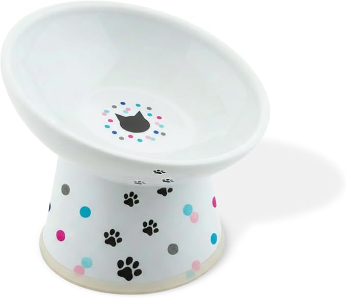 Necoichi Raised Cat Food Bowl – Ceramic Elevated 15° Tilted Cat Bowl for Whisker & Neck Fatigue, Dishwasher Microwave Safe – Non-Slip & Anti Vomiting Ergonomic Design (Colorful Dots, Regular Tilted)